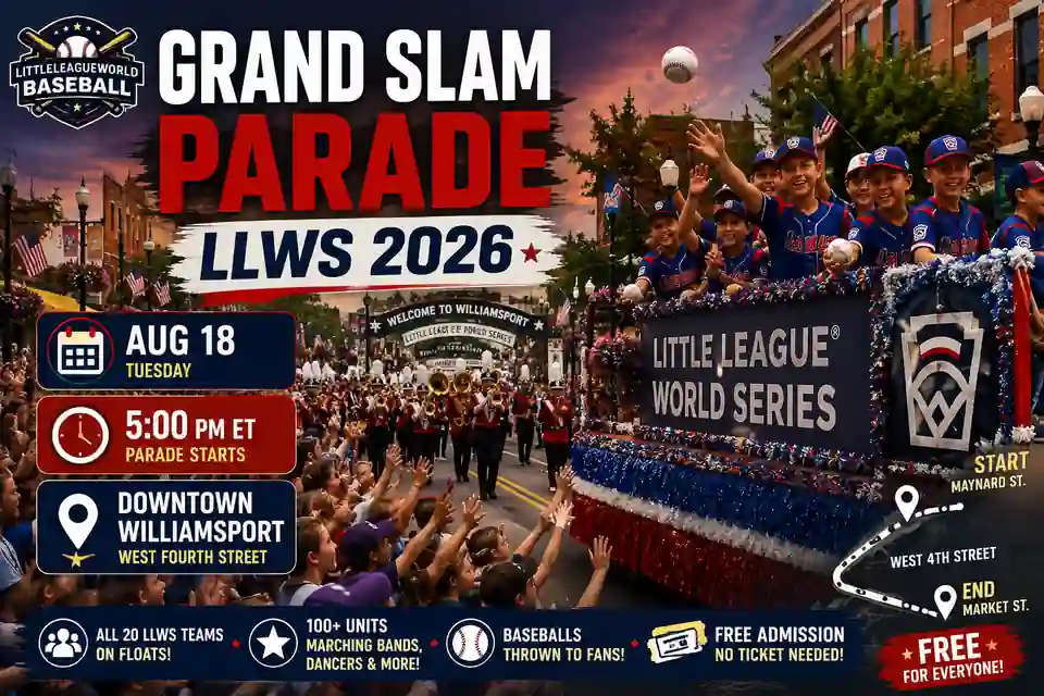 Grand Slam Parade LLWS 2026 in downtown Williamsport on August 18 at 5 PM ET