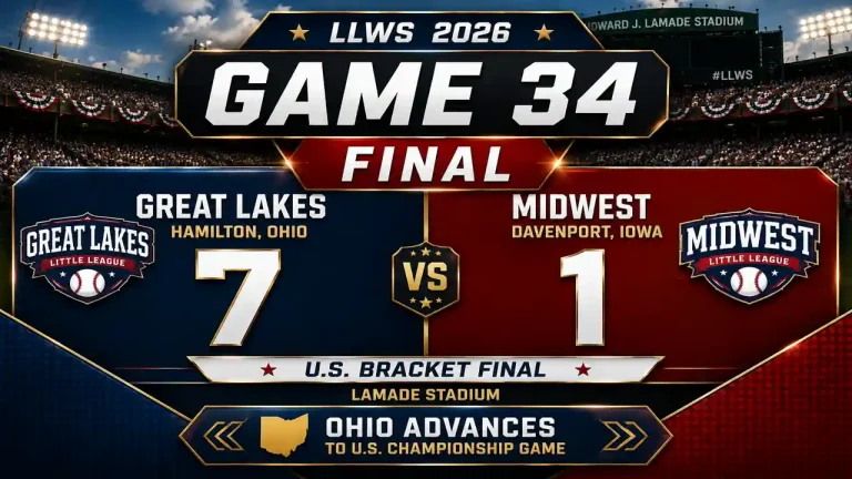 LLWS 2026 Game 34 Recap: Great Lakes 7, Midwest 1 2 Great Lakes 7-1 Midwest final score in LLWS 2026 Game 34