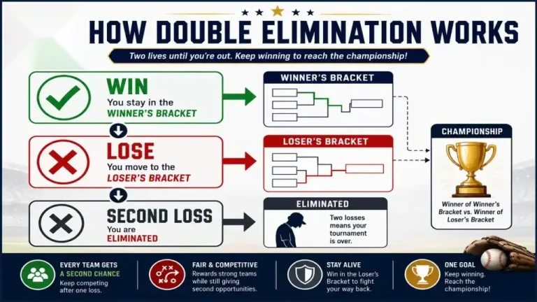 How double elimination works in Little League World Series with winner’s bracket, loser’s bracket, and championship path
