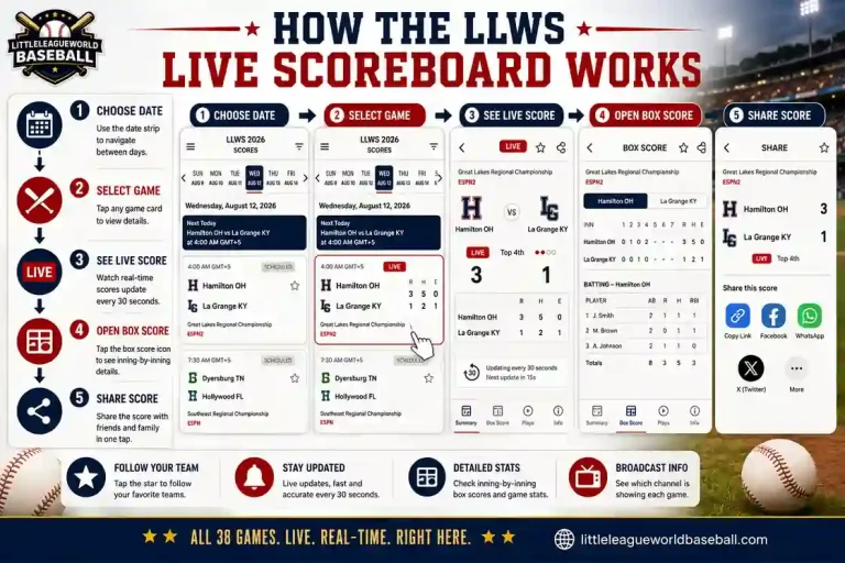 LLWS 2026 Live ScoreReal-Time Scoreboard 1 How the LLWS live scoreboard works with date selection, live scores, box scores and score sharing