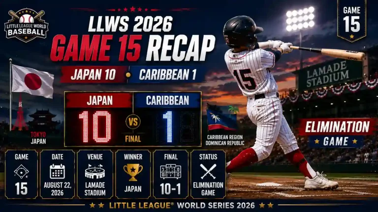LLWS 2026 Game 15 recap showing Japan beating Caribbean 10-1
