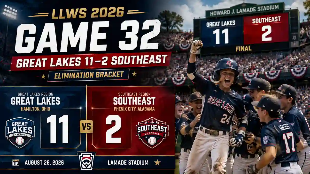 LLWS 2026 Game 32 recap Great Lakes 11 Southeast 2