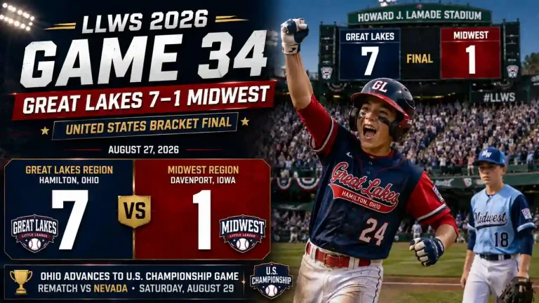 LLWS 2026 Game 34 recap Great Lakes 7 Midwest 1
