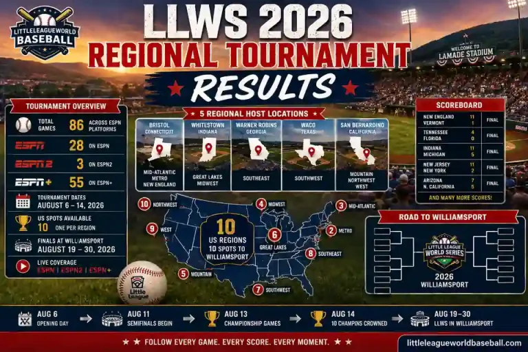 LLWS 2026 Regional Tournament Results with scores, host sites and brackets