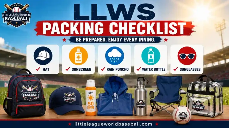 LLWS Packing Checklist graphic showing essential items for the Little League World Series 2026, including a hat, sunscreen, rain poncho, water bottle, backpack, lawn chair, clear stadium bag, and baseball gear for fans attending games in Williamsport. 