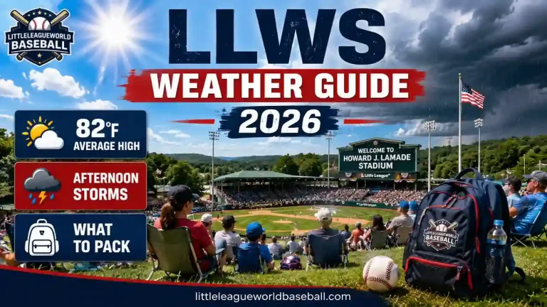 LLWS Weather Guide 2026 showing Howard J. Lamade Stadium, average summer temperatures, afternoon storm chances, and packing essentials for fans attending the Little League World Series. 