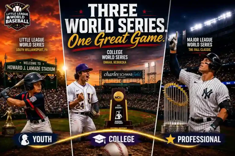 LLWS vs College World Series vs MLB World Series comparison featuring player ages, tournament format, and championship comparison