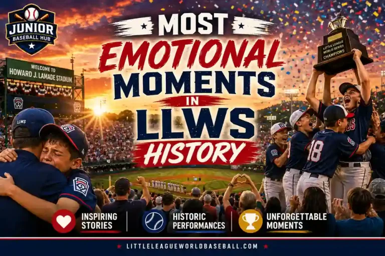 Most Emotional Moments in LLWS History feature image showing emotional Little League players, championship celebration, Howard J. Lamade Stadium, inspiring stories, historic performances, and unforgettable moments at the Little League World Series. 