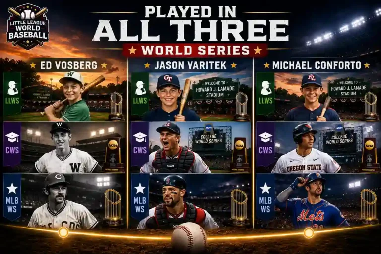 Historical comparison graphic featuring Ed Vosberg, Jason Varitek, and Michael Conforto as players who appeared in the Little League World Series, College World Series, and MLB World Series. 