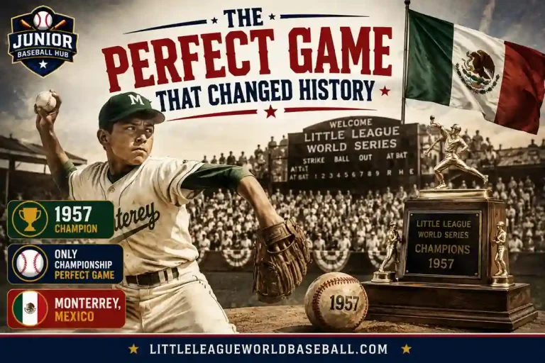 The Perfect Game That Changed History graphic featuring Angel Macias of Monterrey, Mexico pitching during the 1957 Little League World Series Championship, highlighting the only championship perfect game in LLWS history.