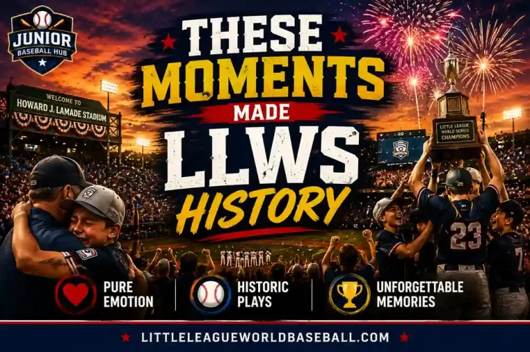 These Moments Made LLWS History feature image showing emotional Little League World Series moments with celebrating players, parents hugging children, Howard J. Lamade Stadium, championship trophy, fireworks, and unforgettable baseball memories.