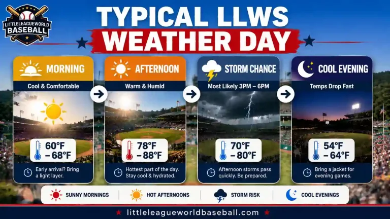 Typical LLWS Weather Day infographic showing morning sunshine, warm afternoon temperatures, afternoon storm chances, and cool evening conditions at Howard J. Lamade Stadium during the Little League World Series 2026. 
