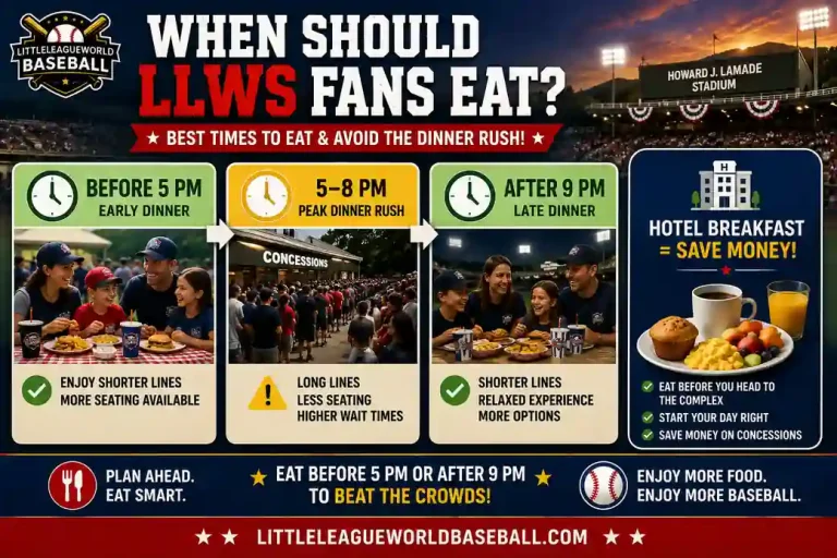 When should LLWS fans eat with the best dining times before 5 PM or after 9 PM