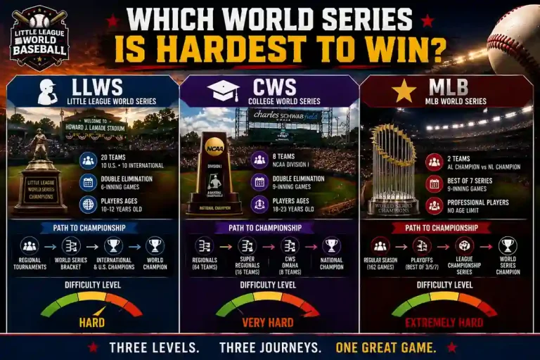 Comparison graphic showing which World Series is hardest to win, comparing the Little League World Series, College World Series, and MLB World Series with difficulty meters, tournament paths, and championship trophies. 