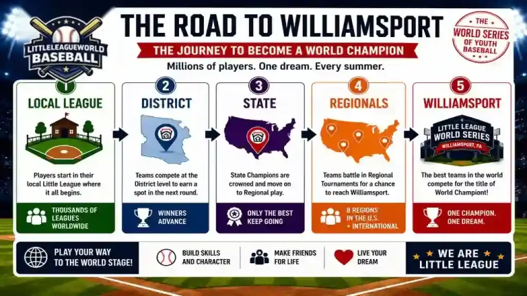 Little League World Series 2026 – Schedule, Teams & Live Streaming 8 The Road to Williamsport Little League World Baseball journey infographic